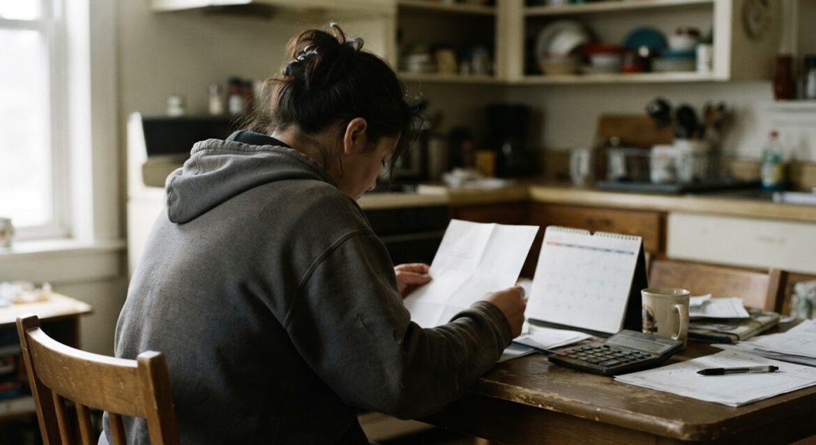 A tenant reading a rent increase notice letter at a kitchen table with a calendar and calculator nearby