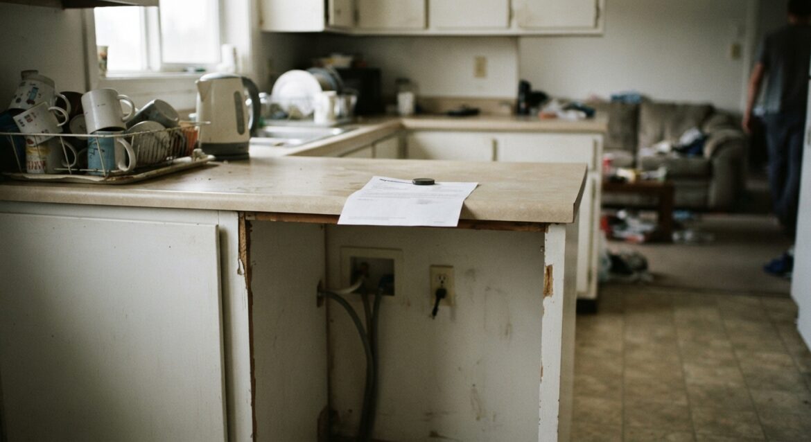 An empty space in a living room where a rented appliance used to sit, with a repossession notice on the counter