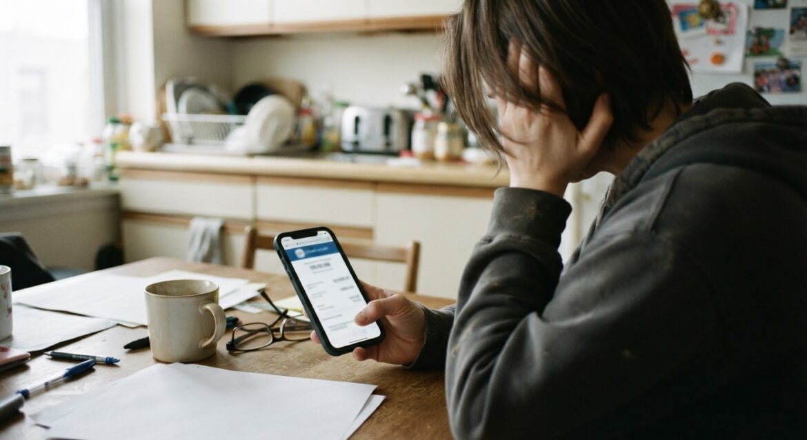 A worried parent looking at a smartphone showing a negative school lunch account balance notice