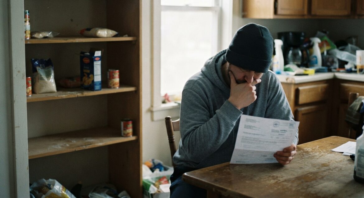 A person reviewing a denial letter next to a nearly empty kitchen pantry