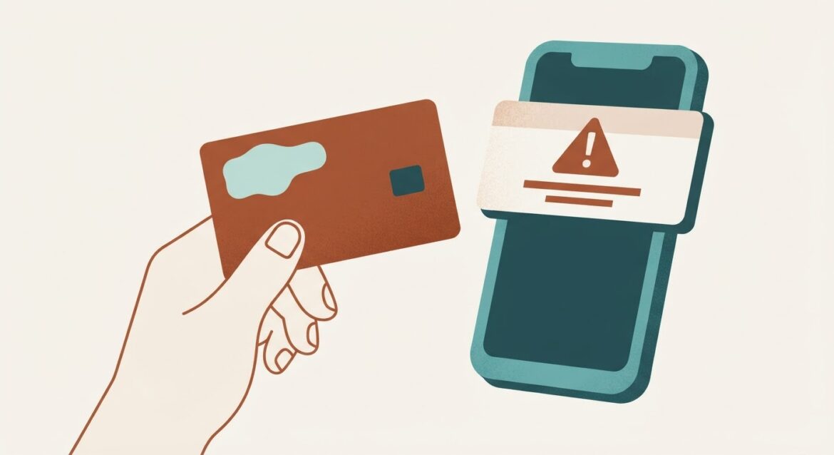A hand holding an EBT card next to a smartphone showing a fraud alert notification