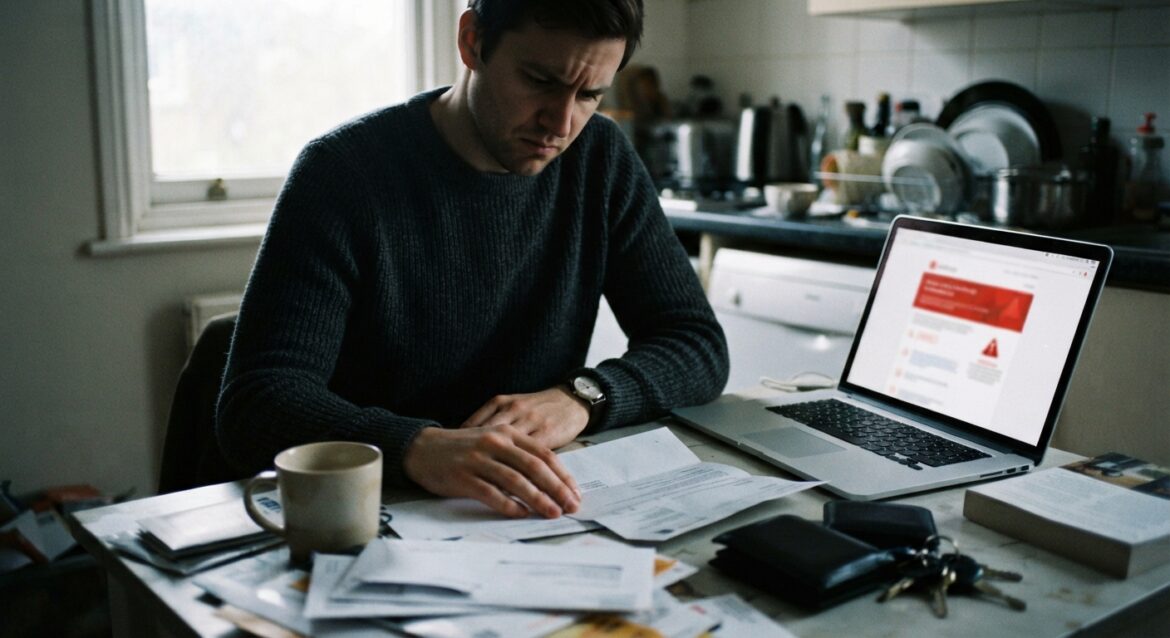 a person reviewing a suspicious unemployment notice letter at a kitchen table with a laptop showing a fraud alert