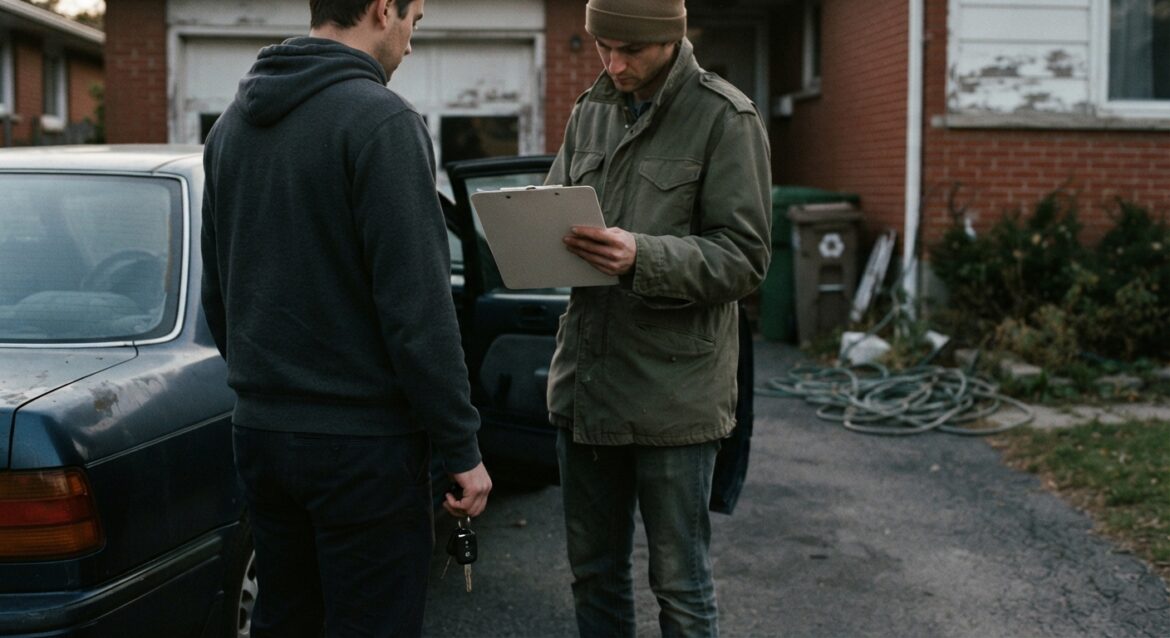 A couple standing near a car in a driveway, one holding car keys and the other looking at paperwork