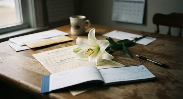 A single white lily resting on a funeral home invoice and an open checkbook