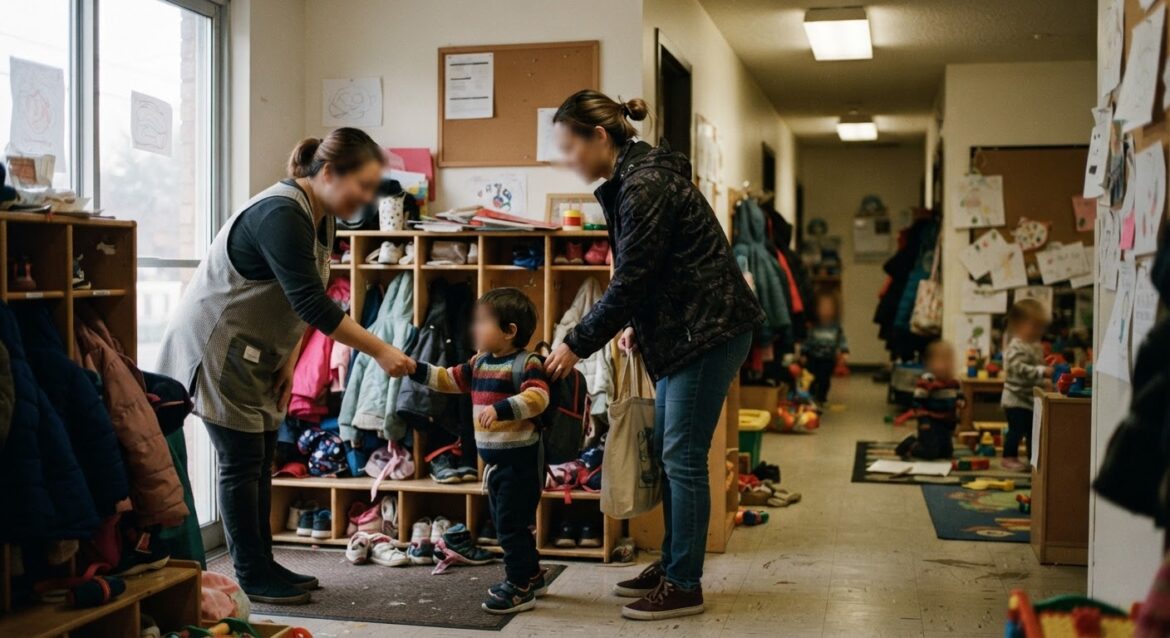 a parent dropping off a child at a community daycare center