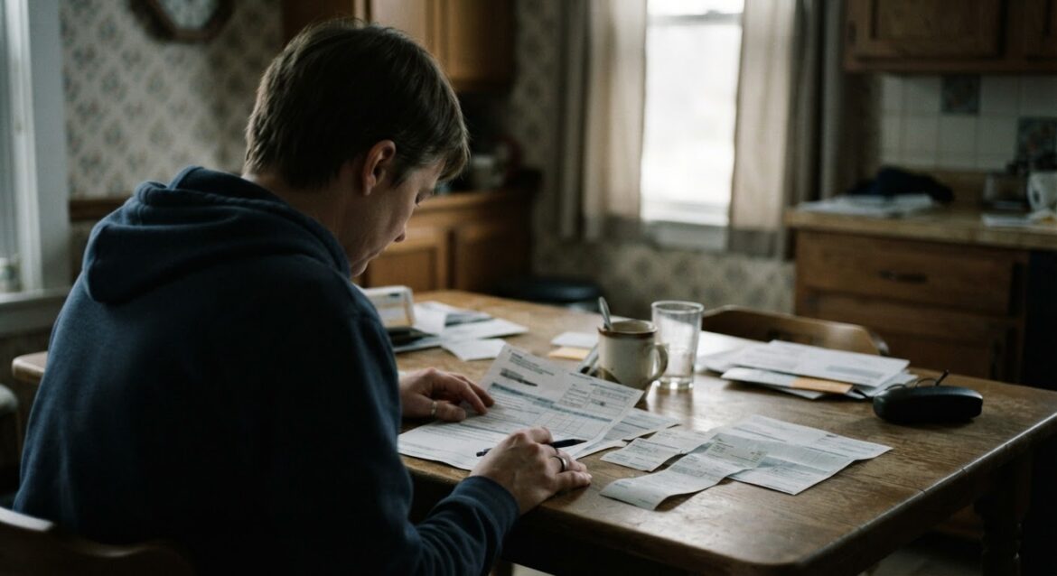 A person reviewing a staffing agency pay stub and unemployment claim form at a kitchen table