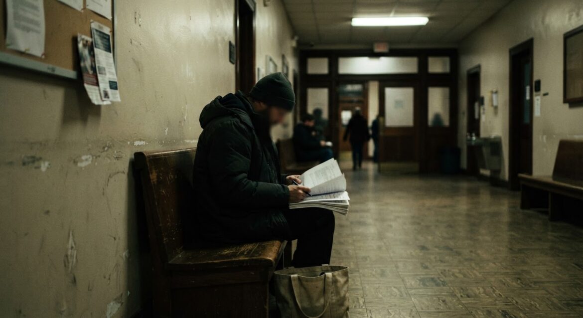 A courthouse hallway with a person quietly reviewing eviction paperwork