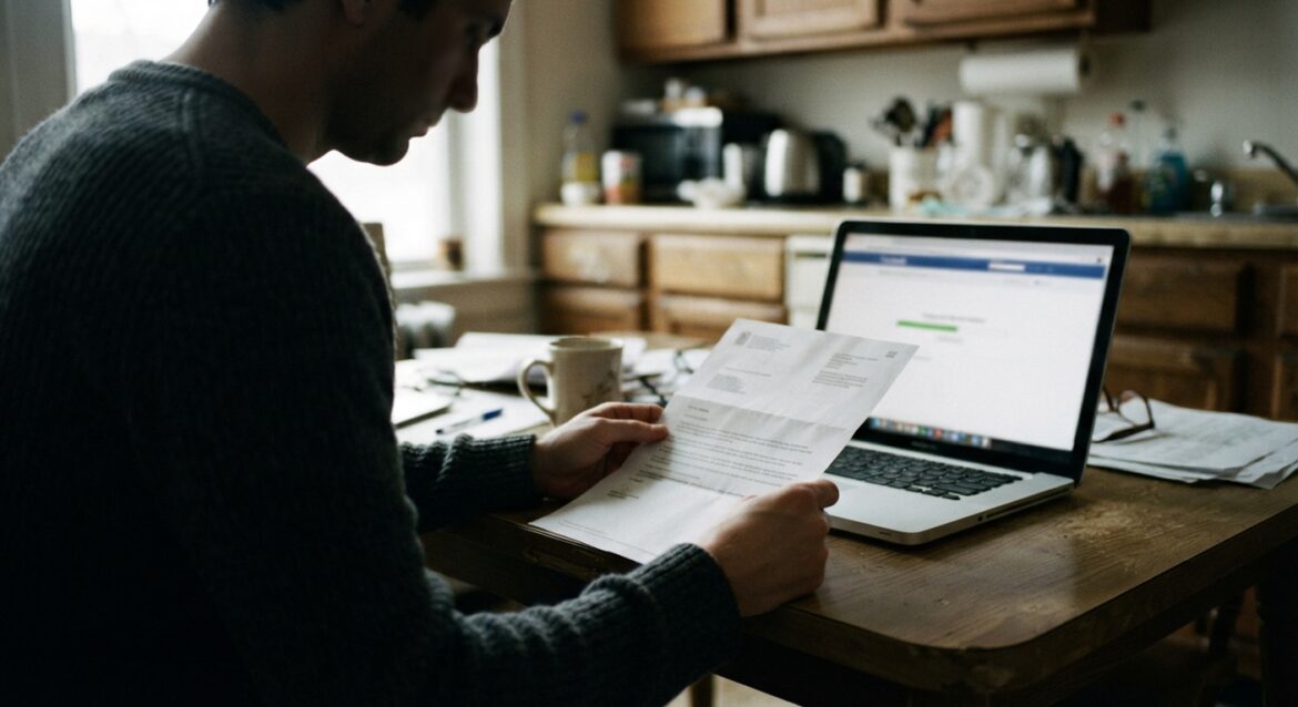 A person reviewing an unemployment claim status letter at a kitchen table with a laptop showing a 'pending' status screen