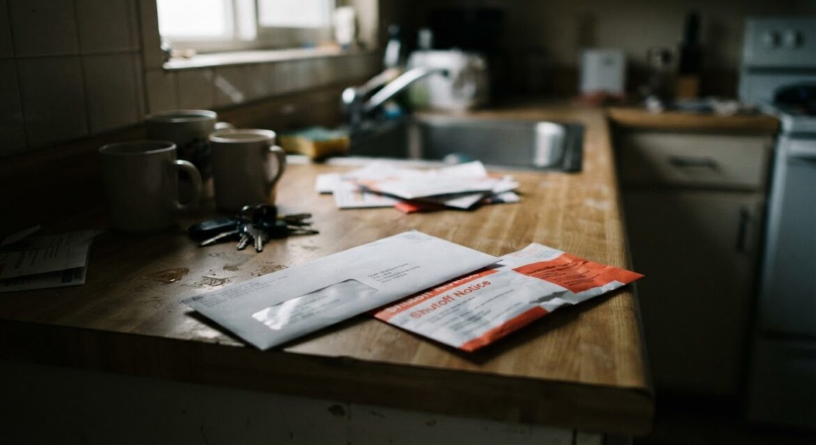 a utility bill with someone else's name on it next to a shutoff warning