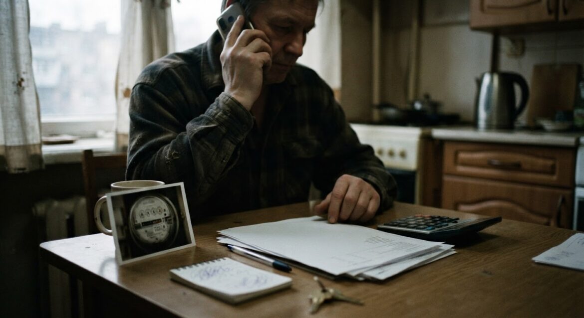 A person on the phone reviewing a utility bill and meter photo at a kitchen table, papers and a calculator nearby