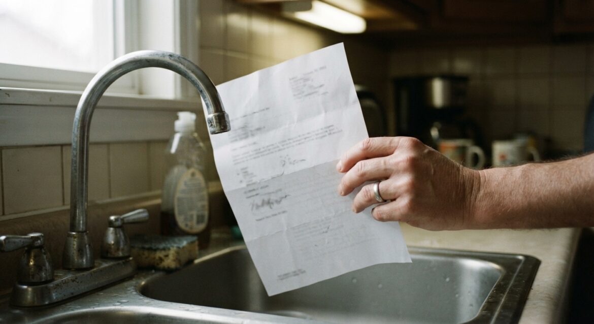 a hand holding a water shutoff notice next to a kitchen faucet