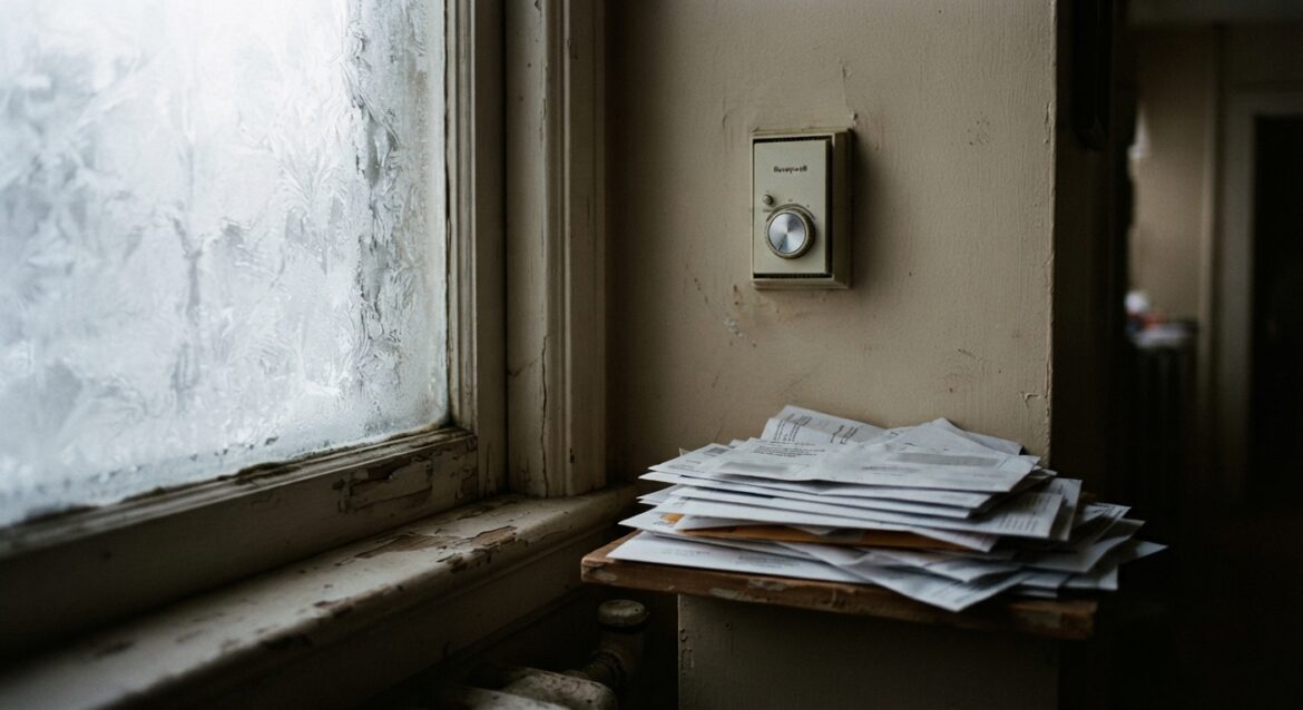 a frost-covered window next to a home thermostat and a stack of utility bills