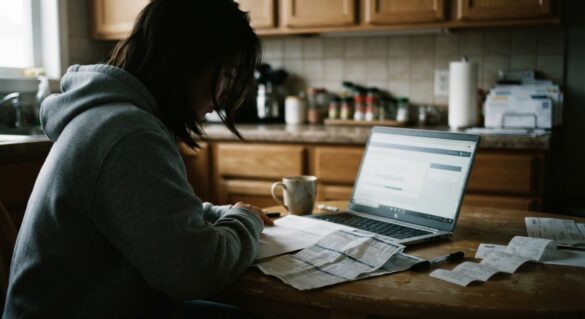 A person reviewing two separate pay stubs and a laptop showing an unemployment claim portal at a kitchen table