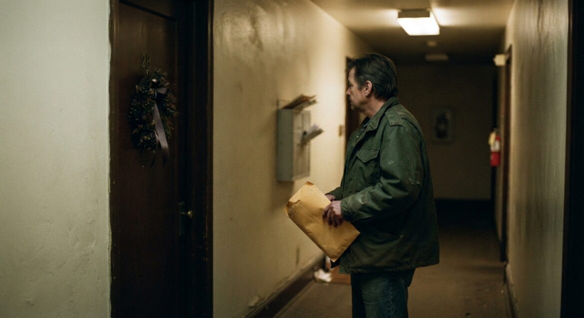 A tenant holding a rent envelope while looking at a house with a small memorial wreath on the door, symbolizing uncertainty after a landlord's death