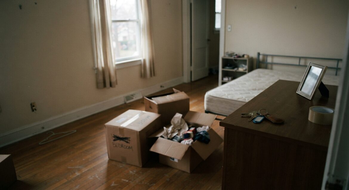 An empty bedroom with moving boxes and a set of keys left on a counter
